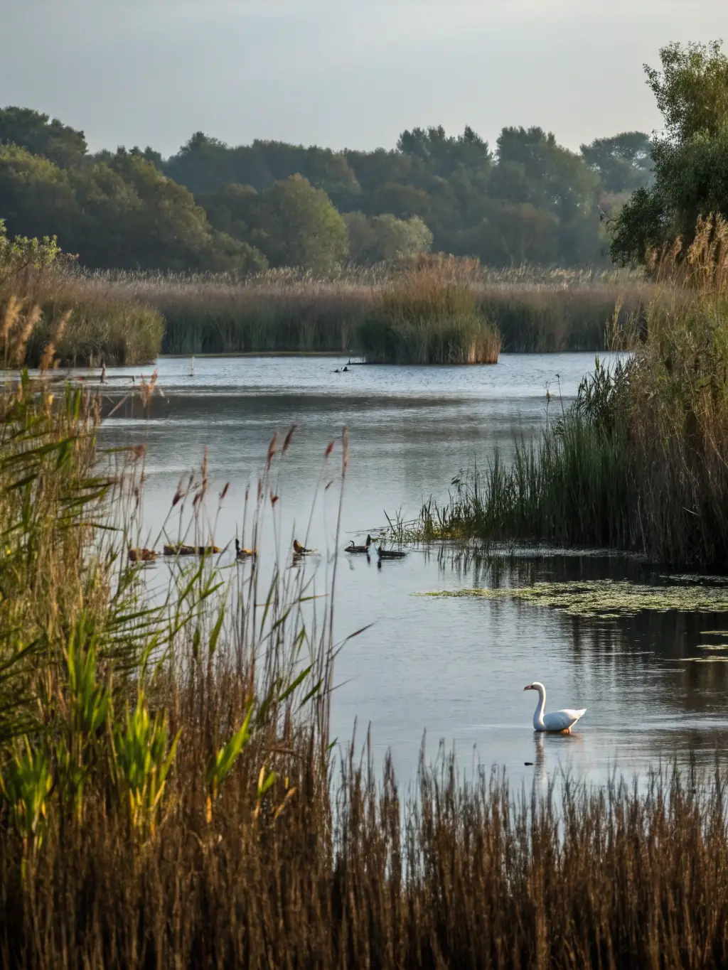 A vibrant image of a restored wetland habitat, showcasing diverse plant and animal life thriving in the preserved ecosystem.
