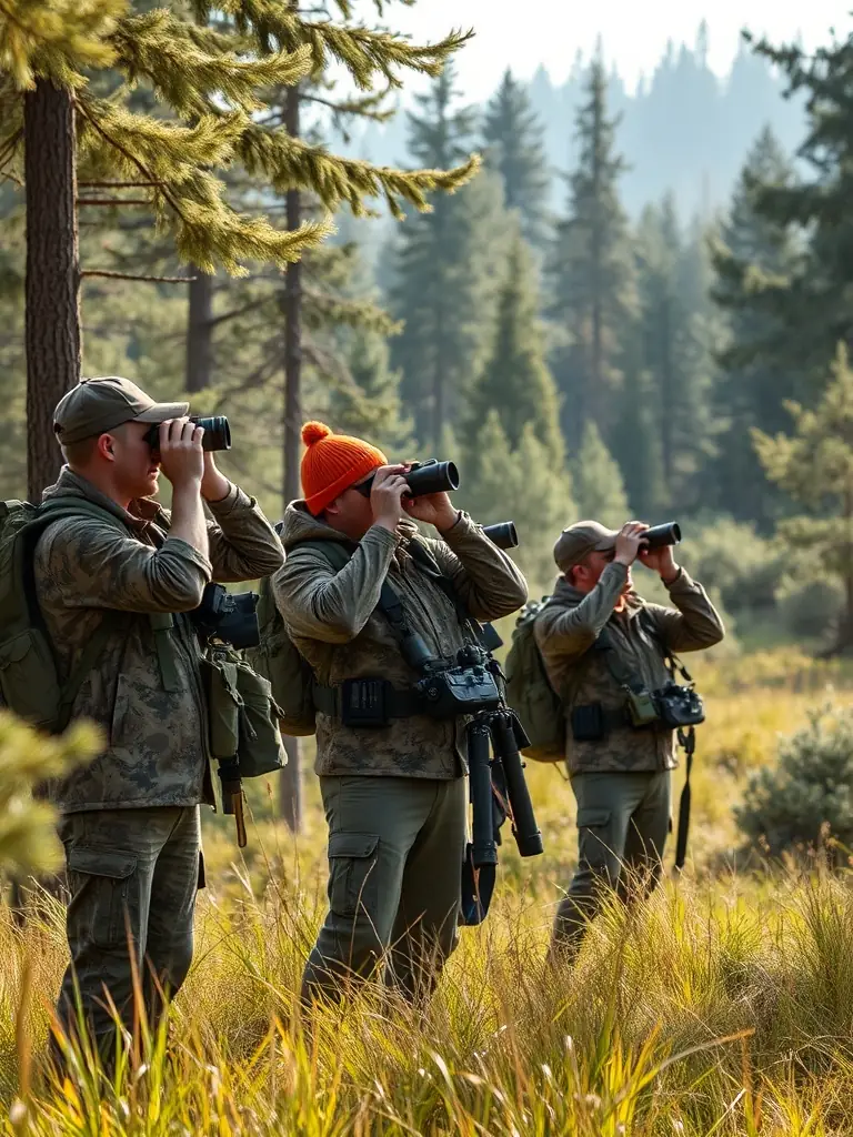 A photograph of a group of hunters responsibly tracking game in a controlled hunting area, emphasizing sustainable hunting practices.