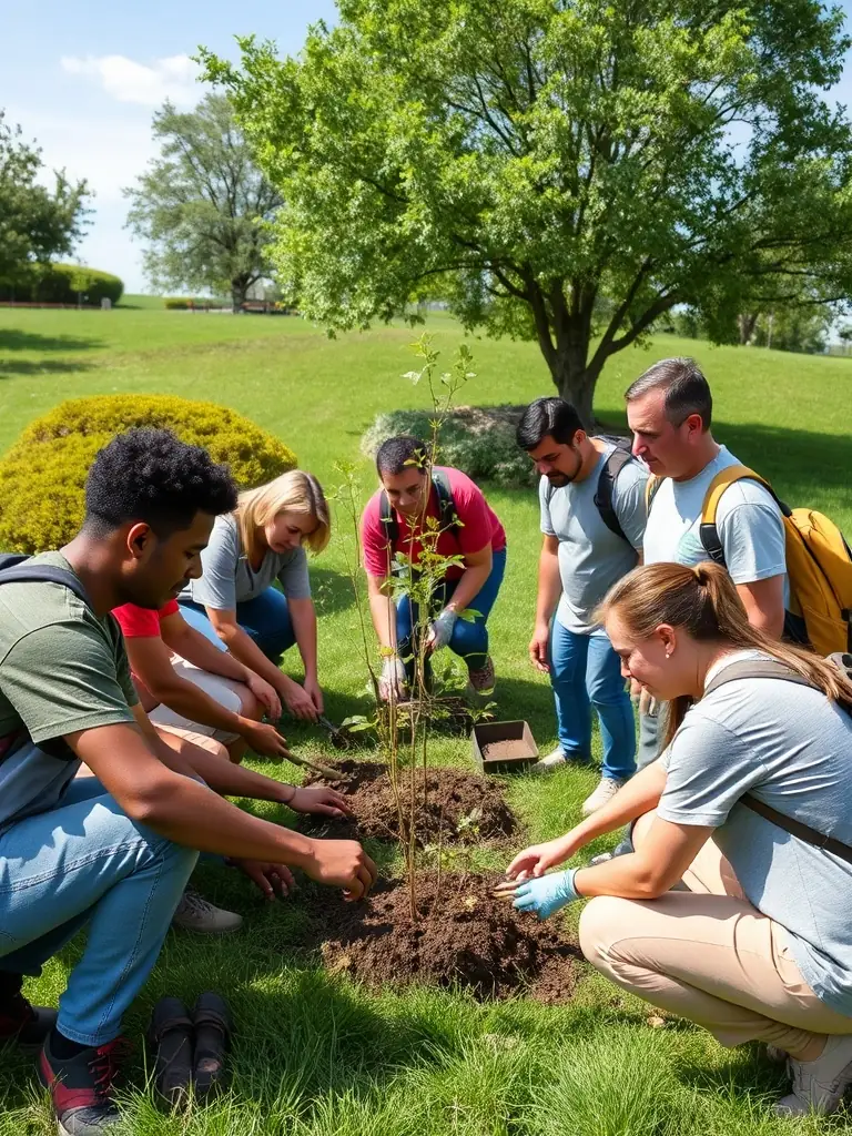 A picture of volunteers planting trees in a deforested area, symbolizing reforestation efforts and community involvement in environmental restoration.